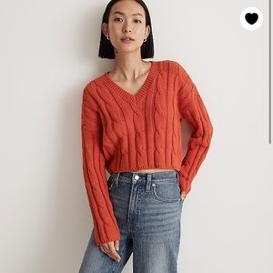Madewell V-Neck Cable Sweater Roasted Squash Red, Cable-Knit V-Neck Crop Sweater